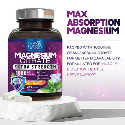 Magnesium Citrate 1000mg Per Serving - Max Absorption Magnesium Powder Capsules for Muscle, Nerve, Bone and Heart Health Support, High Absorption Citrate Complex - dailyvitalstore