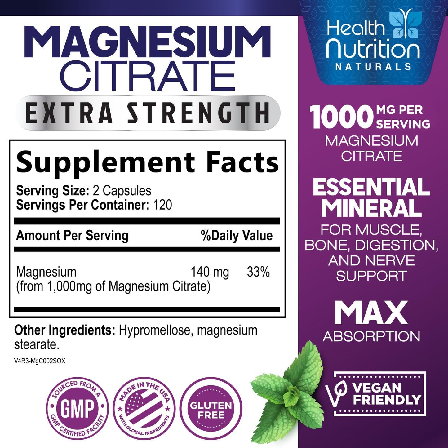 Magnesium Citrate 1000mg Per Serving - Max Absorption Magnesium Powder Capsules for Muscle, Nerve, Bone and Heart Health Support, High Absorption Citrate Complex - dailyvitalstore