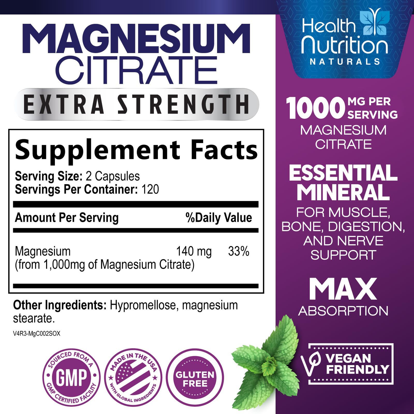 Magnesium Citrate 1000mg Per Serving - Max Absorption Magnesium Powder Capsules for Muscle, Nerve, Bone and Heart Health Support, High Absorption Citrate Complex - dailyvitalstore