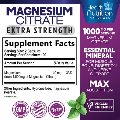 Magnesium Citrate 1000mg Per Serving - Max Absorption Magnesium Powder Capsules for Muscle, Nerve, Bone and Heart Health Support, High Absorption Citrate Complex - dailyvitalstore