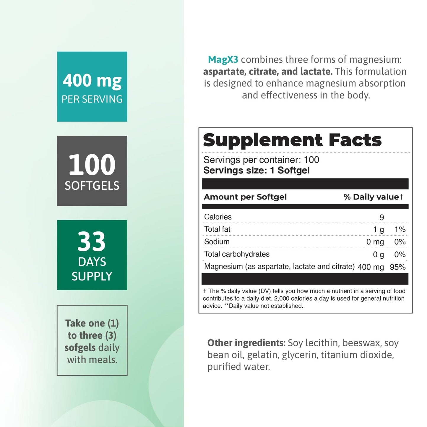 Magnesium Citrate Complex 400 mg – Triple Magnesium with Citrate, Aspartate & Lactate – High Absorption – 100 Softgels - dailyvitalstore