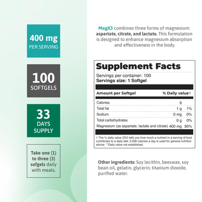 Magnesium Citrate Complex 400 mg – Triple Magnesium with Citrate, Aspartate & Lactate – High Absorption – 100 Softgels - dailyvitalstore