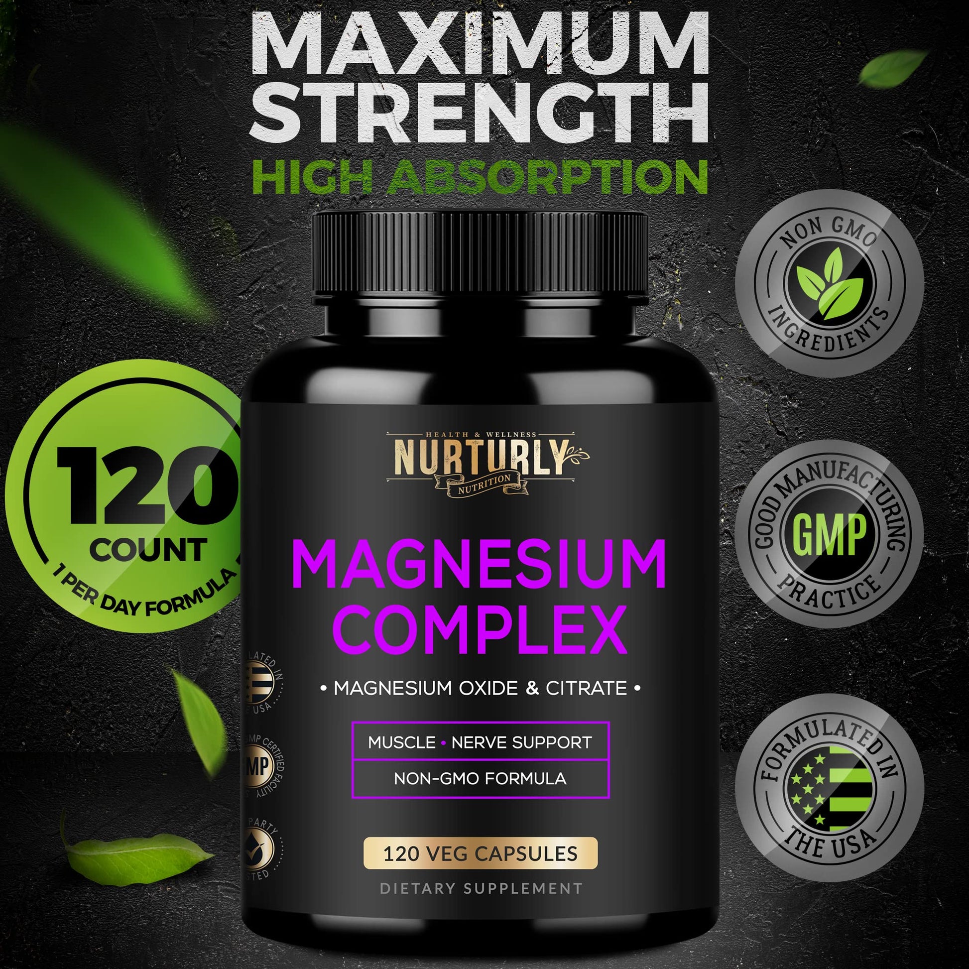 Magnesium Citrate & Oxide 500mg Complex Supplement - High Absorption Maximum Strength - Helps Support Bone Density and Strength, Muscles, Energy and Sleep - 120 Vegan Capsules - dailyvitalstore