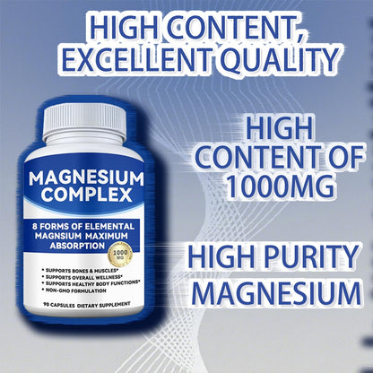 Magnesium Complex 1000mg with 8 Forms – Glycinate, Citrate, Malate, Taurate for Absorption – Supports Bone, Muscle, Energy & Recovery – Vegan, Non-GMO, 90 Capsules (1) - dailyvitalstore