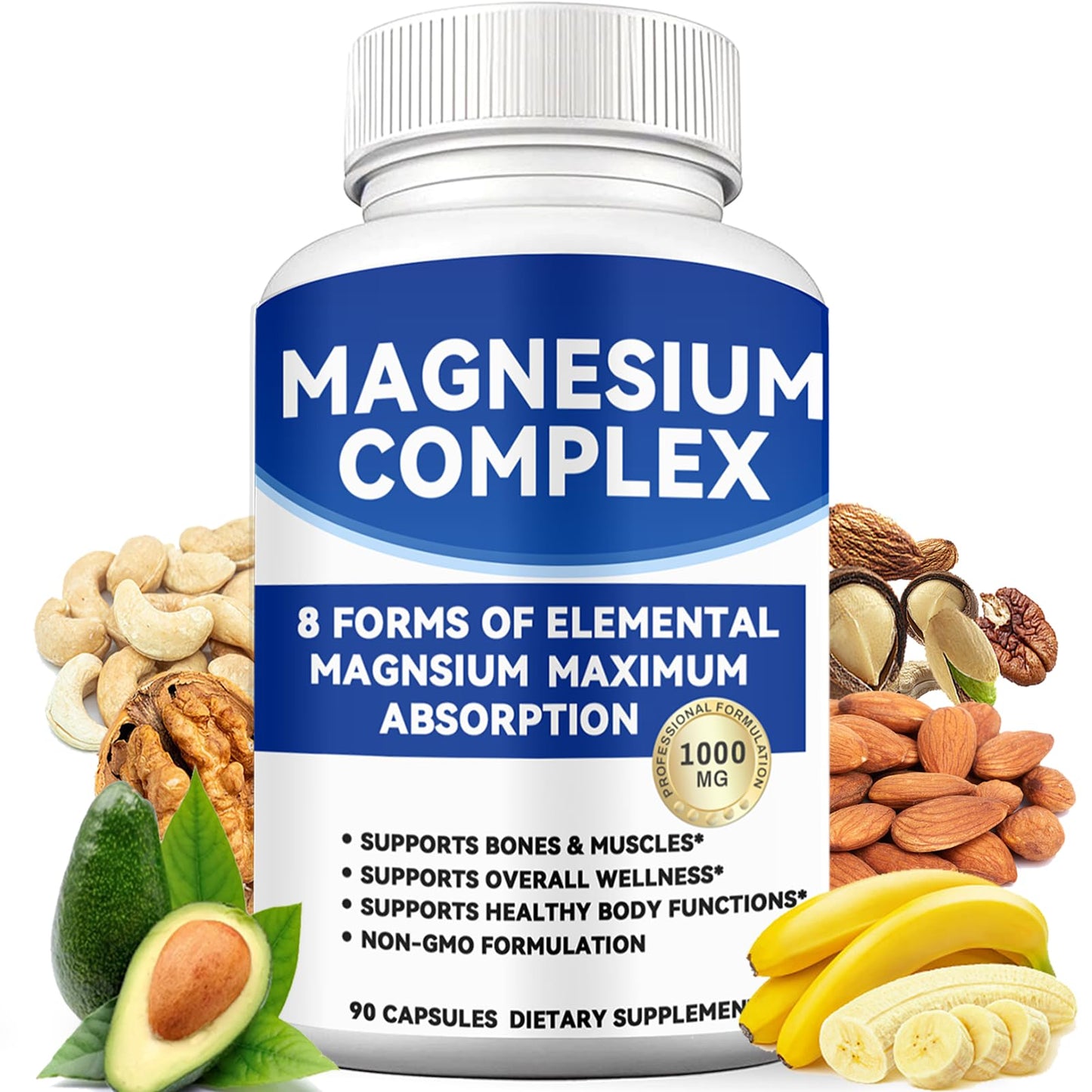 Magnesium Complex 1000mg with 8 Forms – Glycinate, Citrate, Malate, Taurate for Absorption – Supports Bone, Muscle, Energy & Recovery – Vegan, Non-GMO, 90 Capsules (1) - dailyvitalstore