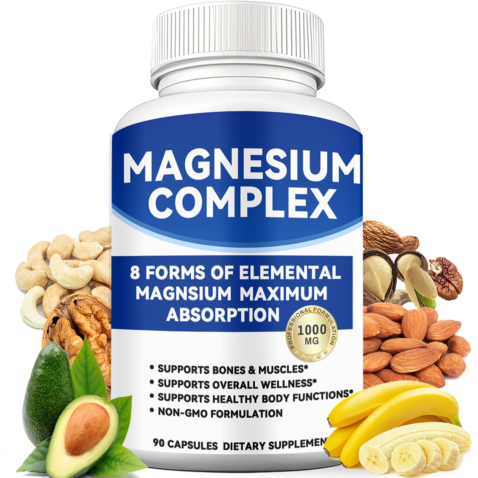 Magnesium Complex 1000mg with 8 Forms – Glycinate, Citrate, Malate, Taurate for Absorption – Supports Bone, Muscle, Energy & Recovery – Vegan, Non-GMO, 90 Capsules (1) - dailyvitalstore