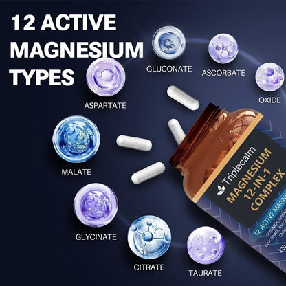 Magnesium Complex 12 in 1 Supplement - 12 Elemental 1000mg - Magnesium Glycinate, Citrate, Malate, Taurate - High Absorption,for Muscle, Nerve & Sleep Support - 120 Capsules - dailyvitalstore