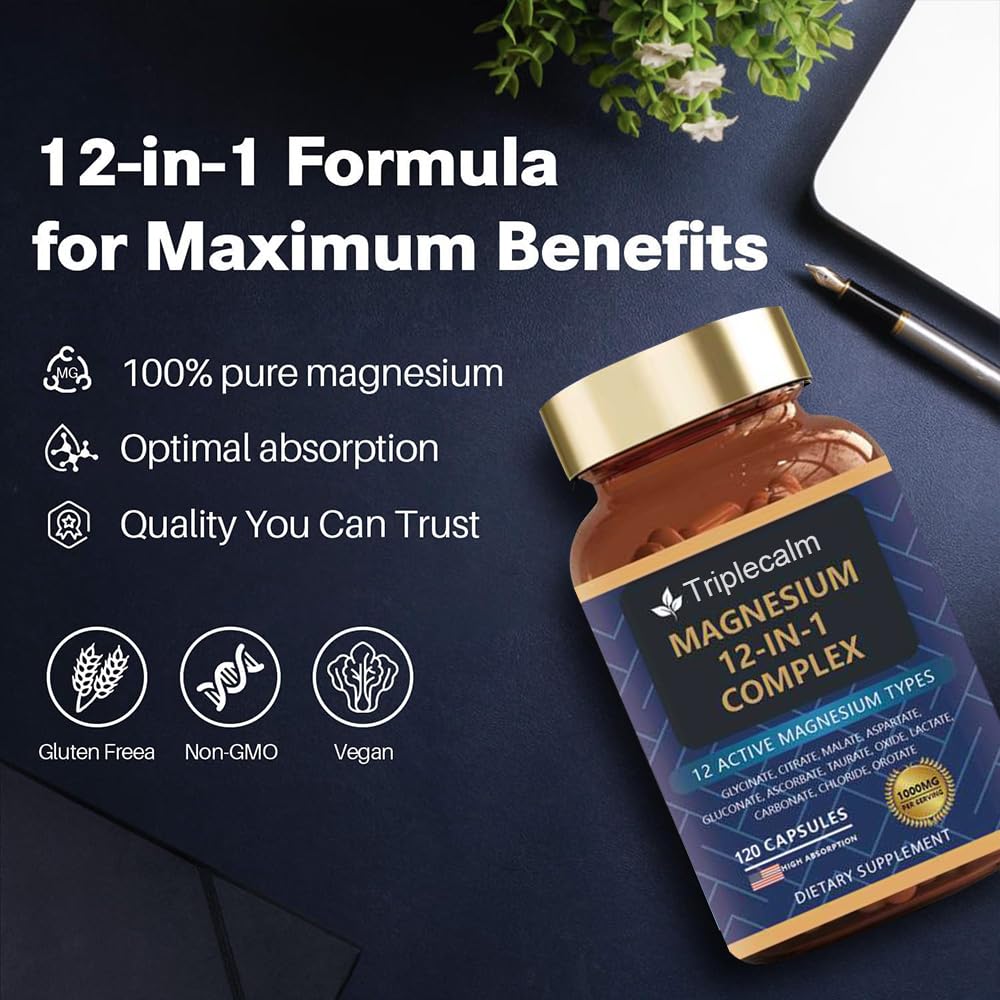 Magnesium Complex 12 in 1 Supplement - 12 Elemental 1000mg - Magnesium Glycinate, Citrate, Malate, Taurate - High Absorption,for Muscle, Nerve & Sleep Support - 120 Capsules - dailyvitalstore