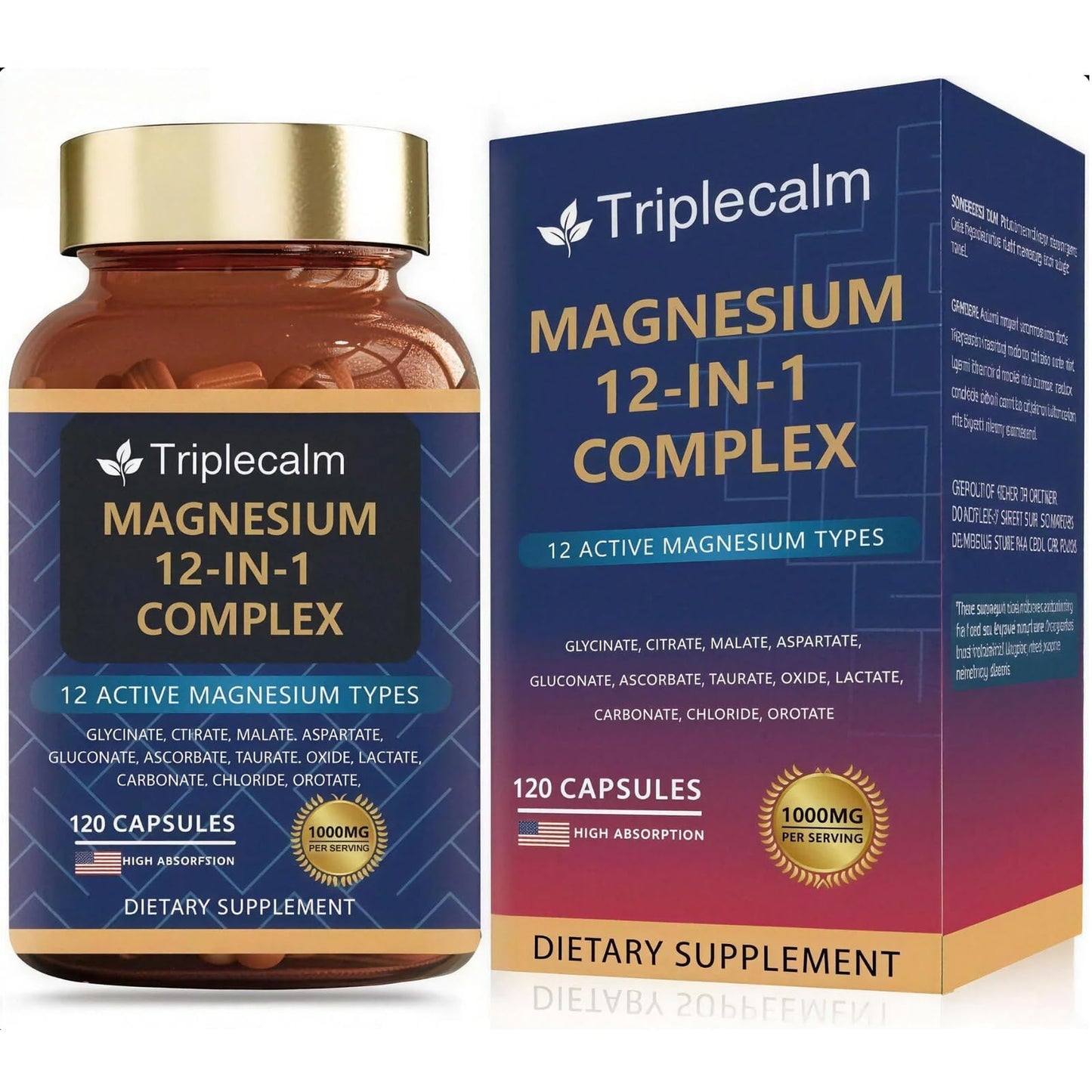 Magnesium Complex 12 in 1 Supplement - 12 Elemental 1000mg - Magnesium Glycinate, Citrate, Malate, Taurate - High Absorption,for Muscle, Nerve & Sleep Support - 120 Capsules - dailyvitalstore