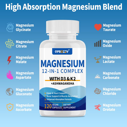 Magnesium Complex 12 in 1 Supplement for Women & Men 700mg, Magnesium Glycinate with Vitamin D3 K2, Citrate Malate Oxide Taurate Aspartate Orotate, for Relaxation, Heart, Energy, Muscle, 120 Capsules - dailyvitalstore