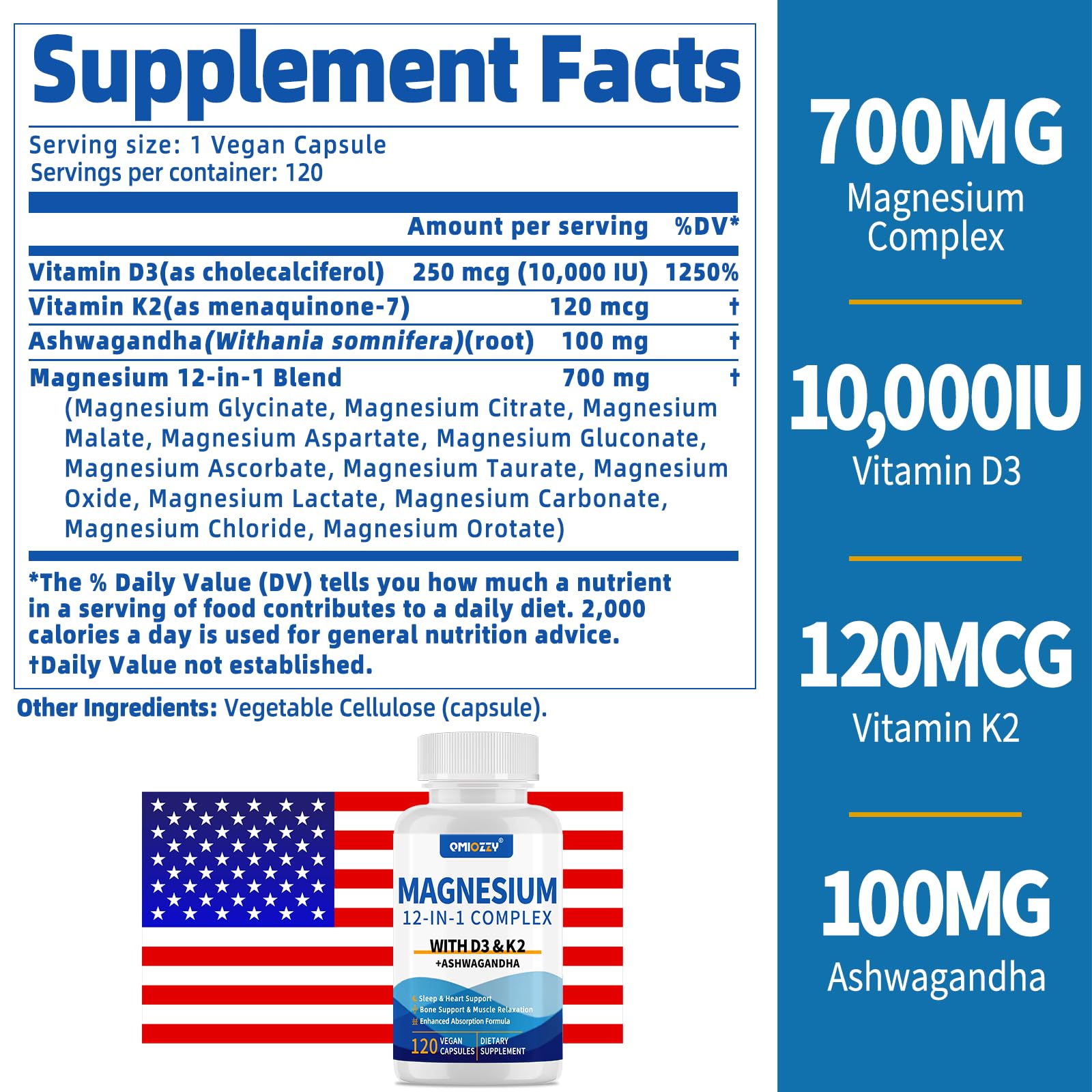 Magnesium Complex 12 in 1 Supplement for Women & Men 700mg, Magnesium Glycinate with Vitamin D3 K2, Citrate Malate Oxide Taurate Aspartate Orotate, for Relaxation, Heart, Energy, Muscle, 120 Capsules - dailyvitalstore