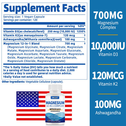 Magnesium Complex 12 in 1 Supplement for Women & Men 700mg, Magnesium Glycinate with Vitamin D3 K2, Citrate Malate Oxide Taurate Aspartate Orotate, for Relaxation, Heart, Energy, Muscle, 120 Capsules - dailyvitalstore