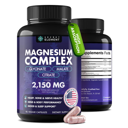 Magnesium Complex 2,150MG, High Absorption Capsules with Magnesium Glycinate, Citrate & Malate, Plus Vitamin B6, B2, Folate & Beet Root, Vegan, Non-GMO, No Artificial Additives, 90 Capsules - dailyvitalstore