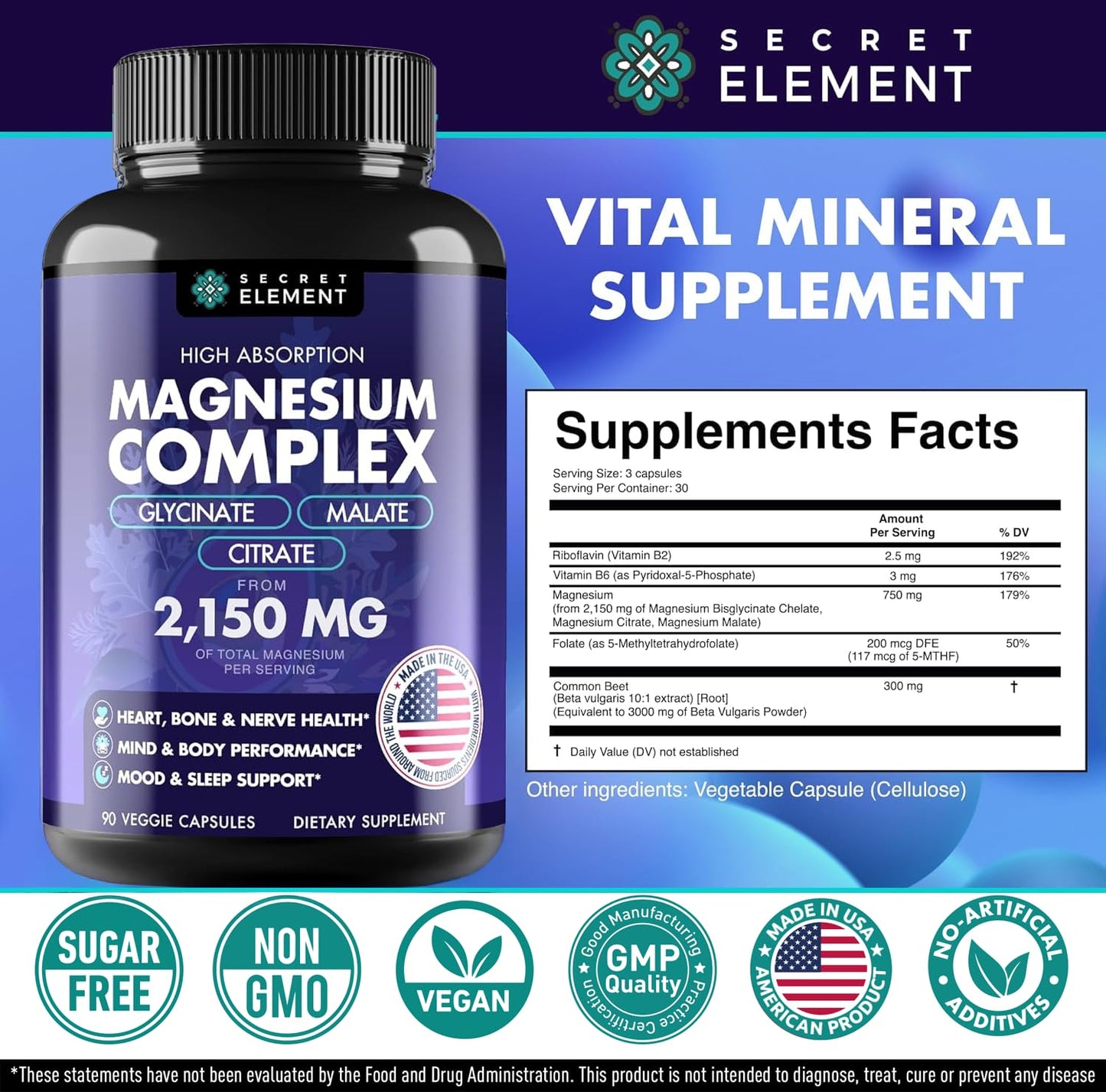 Magnesium Complex 2,150MG, High Absorption Capsules with Magnesium Glycinate, Citrate & Malate, Plus Vitamin B6, B2, Folate & Beet Root, Vegan, Non-GMO, No Artificial Additives, 90 Capsules - dailyvitalstore