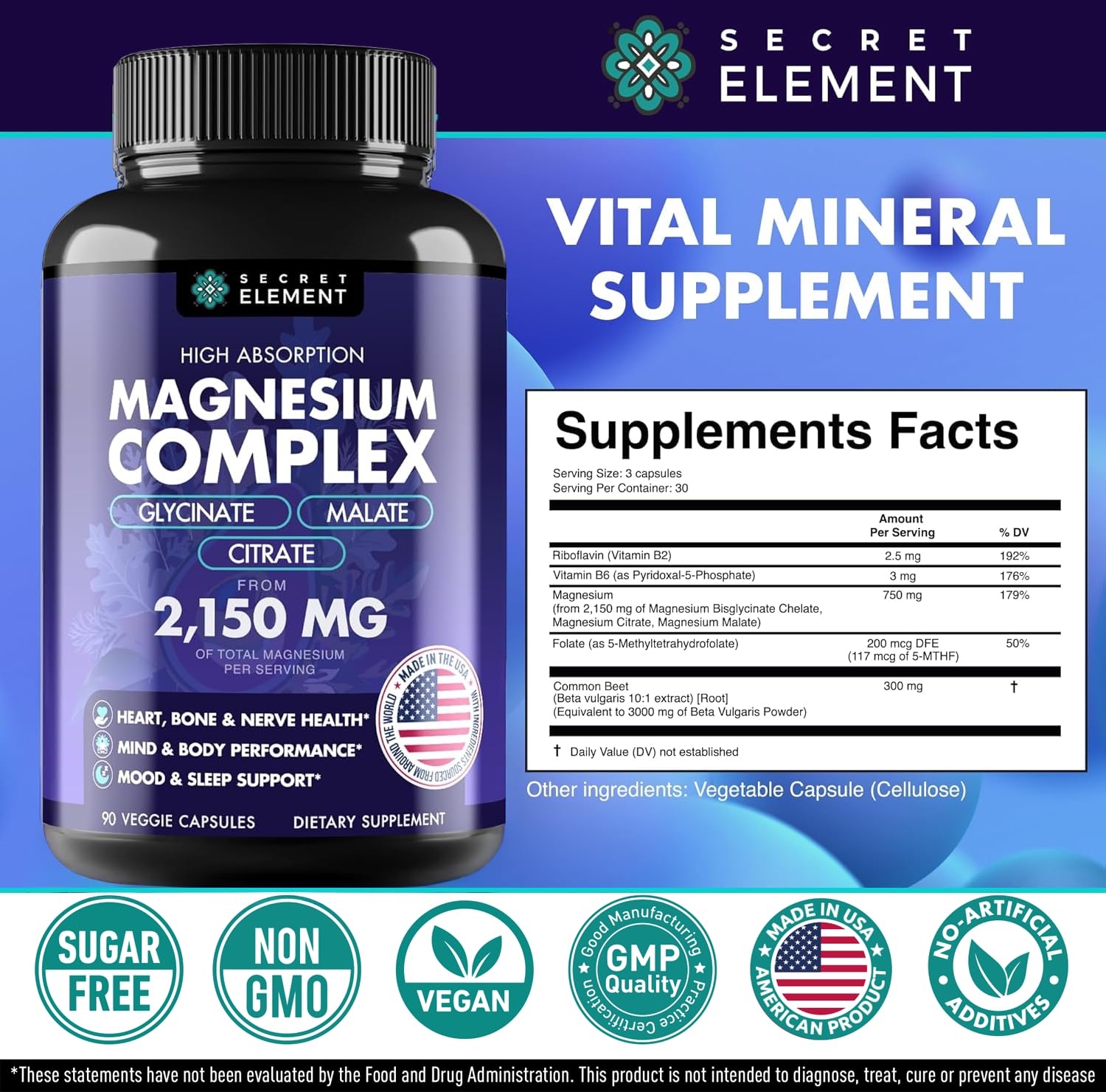 Magnesium Complex 2,150MG, High Absorption Capsules with Magnesium Glycinate, Citrate & Malate, Plus Vitamin B6, B2, Folate & Beet Root, Vegan, Non-GMO, No Artificial Additives, 90 Capsules - dailyvitalstore