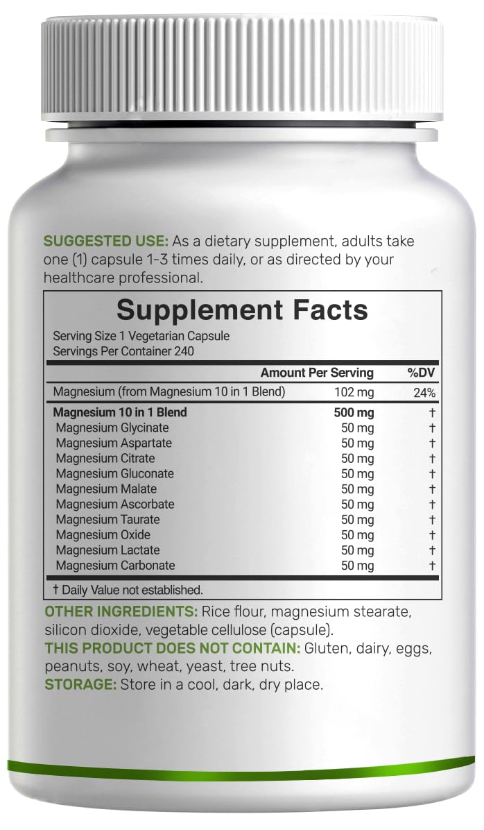 Magnesium Complex 500mg, 240 Veggie Capsules – 10-in-1 Glycinate, Citrate, Malate, Oxide, & More – 100% Chelated for Easy Absorption – Essential Mineral Supplement – Non-GMO - dailyvitalstore
