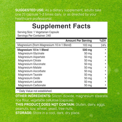 Magnesium Complex 500mg, 240 Veggie Capsules – 10-in-1 Glycinate, Citrate, Malate, Oxide, & More – 100% Chelated for Easy Absorption – Essential Mineral Supplement – Non-GMO - dailyvitalstore