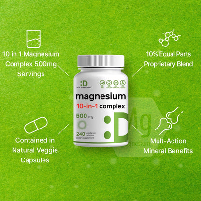 Magnesium Complex 500mg, 240 Veggie Capsules – 10-in-1 Glycinate, Citrate, Malate, Oxide, & More – 100% Chelated for Easy Absorption – Essential Mineral Supplement – Non-GMO - dailyvitalstore