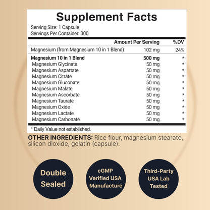 Magnesium Complex 500mg, 300 Capsules | 10-in-1 Magnesium Glycinate, Citrate, Malate & More | Chelated Form for Easy Absorption | Non-GMO - dailyvitalstore