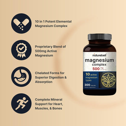 Magnesium Complex 500mg, 300 Capsules | 10-in-1 Magnesium Glycinate, Citrate, Malate & More | Chelated Form for Easy Absorption | Non-GMO - dailyvitalstore