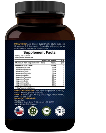 Magnesium Complex 500mg, 300 Capsules | 10-in-1 Magnesium Glycinate, Citrate, Malate & More | Chelated Form for Easy Absorption | Non-GMO - dailyvitalstore