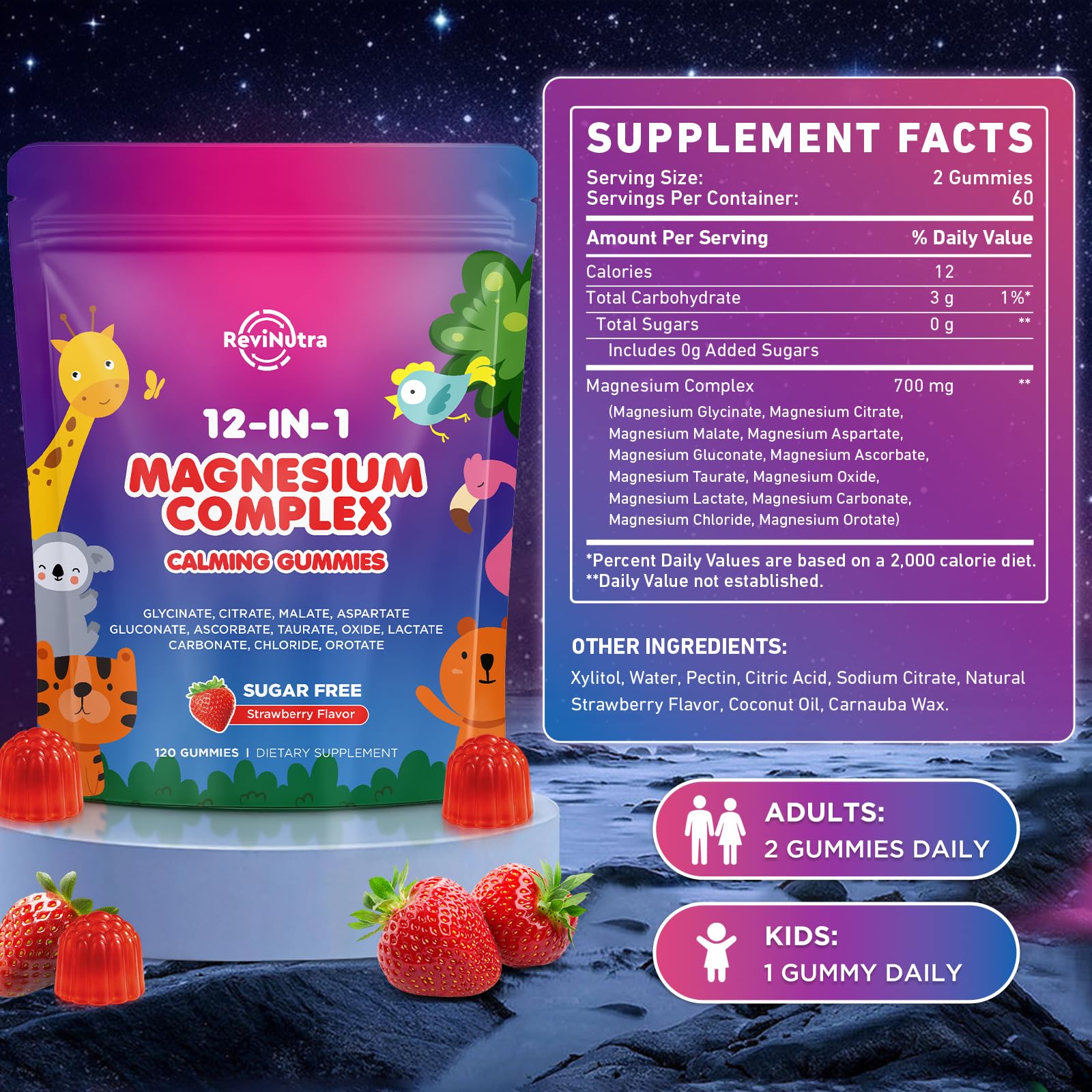 Magnesium Complex 700mg - 12 in 1 Magnesium Gummies with Glycinate, Citrate, Malate, Oxide, Taurate, Aspartate, Orotate - Supports Relaxation, Muscle & Heart - Sugar Free Strawberry 120 Count - dailyvitalstore