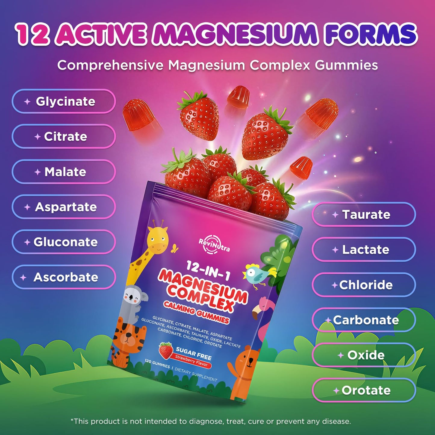 Magnesium Complex 700mg - 12 in 1 Magnesium Gummies with Glycinate, Citrate, Malate, Oxide, Taurate, Aspartate, Orotate - Supports Relaxation, Muscle & Heart - Sugar Free Strawberry 120 Count - dailyvitalstore