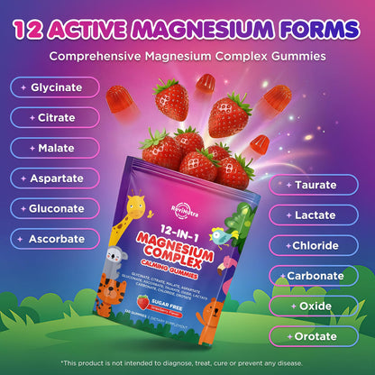 Magnesium Complex 700mg - 12 in 1 Magnesium Gummies with Glycinate, Citrate, Malate, Oxide, Taurate, Aspartate, Orotate - Supports Relaxation, Muscle & Heart - Sugar Free Strawberry 120 Count - dailyvitalstore