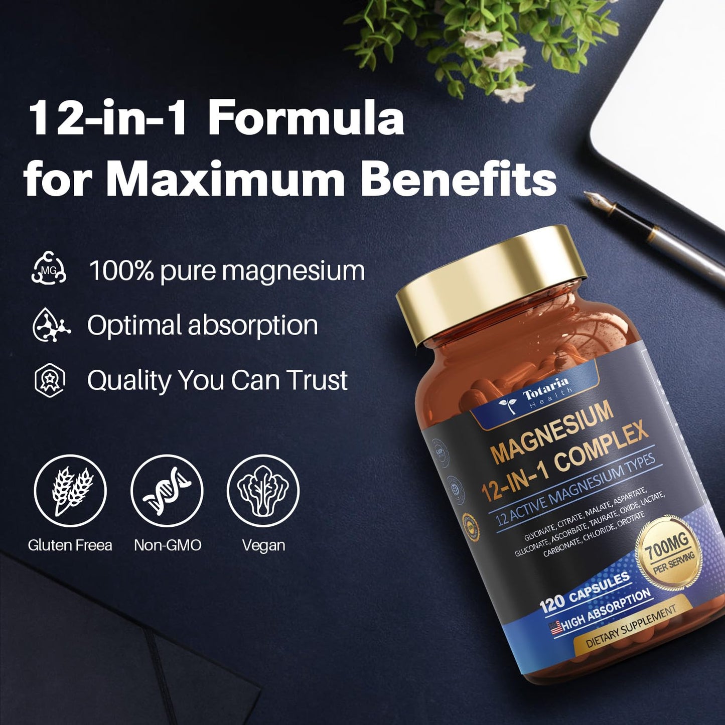 Magnesium Complex 700mg 12 in 1 Magnesium Supplement with Glycinate Citrate Malate Oxide Taurate Aspartate Orotate Magnesium Relaxation,Muscle,Heart Support, Vegan 120 Capsules 2PK - dailyvitalstore