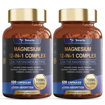 Magnesium Complex 700mg 12 in 1 Magnesium Supplement with Glycinate Citrate Malate Oxide Taurate Aspartate Orotate Magnesium Relaxation,Muscle,Heart Support, Vegan 120 Capsules 2PK - dailyvitalstore