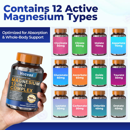 Magnesium Complex 700mg – 12-in-1 Magnesium Supplement with Glycinate, Citrate, Malate, Oxide, Taurate & More – High Absorption for Muscle, Heart, Sleep, Bone, Nerve Support –120 Capsules (1 Pack) - dailyvitalstore