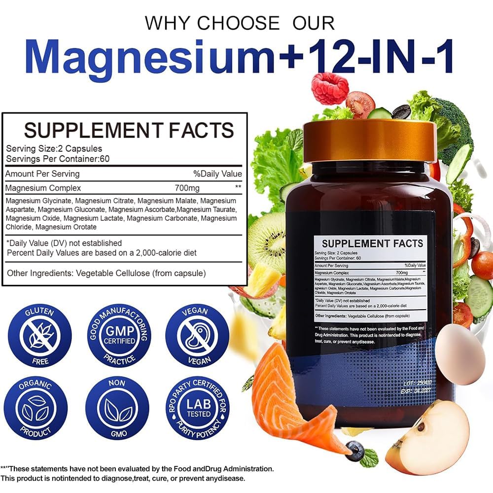 Magnesium Complex 700mg – 12-in-1 Magnesium Supplement with Glycinate, Citrate, Malate, Oxide, Taurate & More – High Absorption for Muscle, Heart, Sleep, Bone, Nerve Support –120 Capsules - dailyvitalstore