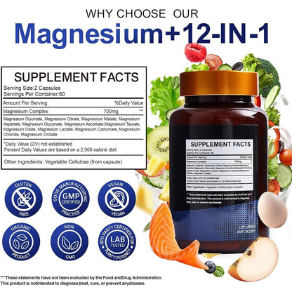 Magnesium Complex 700mg – 12-in-1 Magnesium Supplement with Glycinate, Citrate, Malate, Oxide, Taurate & More – High Absorption for Muscle, Heart, Sleep, Bone, Nerve Support –120 Capsules - dailyvitalstore