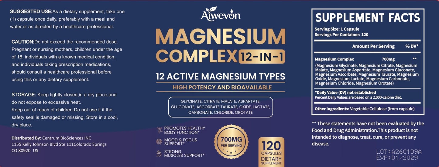 Magnesium Complex 700mg, 12 in 1 Magnesium Supplement with Glycinate, Citrate, Malate, Oxide, Taurate & Orotate, High Absorption Magnesium for Sleep, Muscle, Nerve & Heart Support, Vegan, 120 Capsules - dailyvitalstore