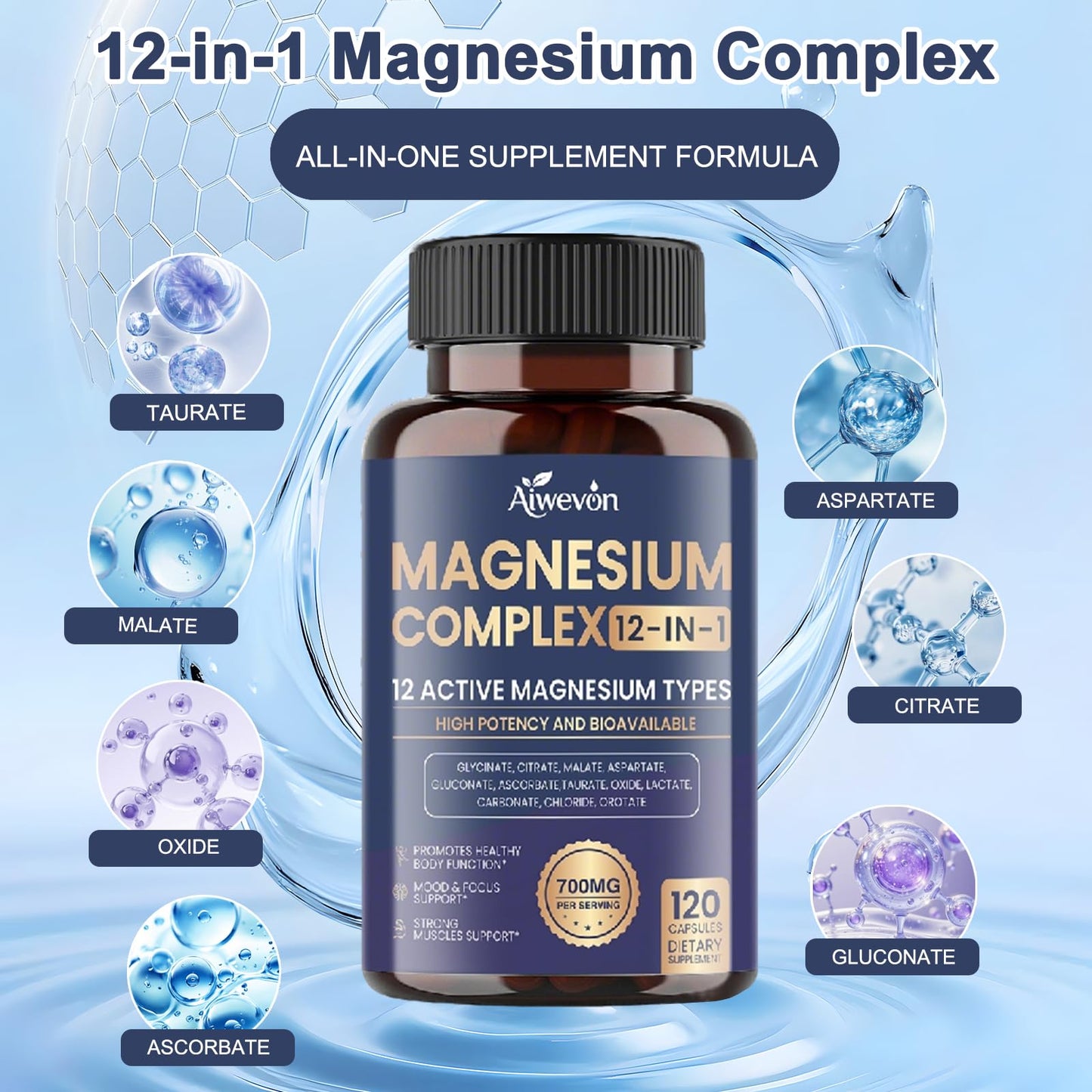 Magnesium Complex 700mg, 12 in 1 Magnesium Supplement with Glycinate, Citrate, Malate, Oxide, Taurate & Orotate, High Absorption Magnesium for Sleep, Muscle, Nerve & Heart Support, Vegan, 120 Capsules - dailyvitalstore
