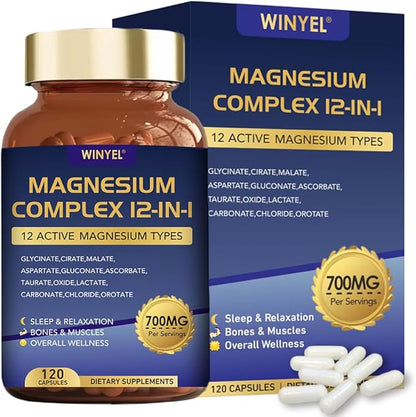 Magnesium Complex 700mg 12 in 1 Magnesium Supplement with Glycinate, Citrate, Malate | Sleep, Calm, Muscle Relaxation, Heart Health Support | Vegan 120 Capsules - dailyvitalstore