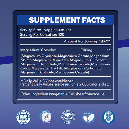 Magnesium Complex 700mg 12 in 1 Magnesium Supplement with Glycinate, Citrate, Malate | Sleep, Calm, Muscle Relaxation, Heart Health Support | Vegan 120 Capsules - dailyvitalstore