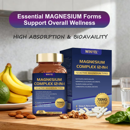 Magnesium Complex 700mg 12 in 1 Magnesium Supplement with Glycinate, Citrate, Malate | Sleep, Calm, Muscle Relaxation, Heart Health Support | Vegan 120 Capsules - dailyvitalstore