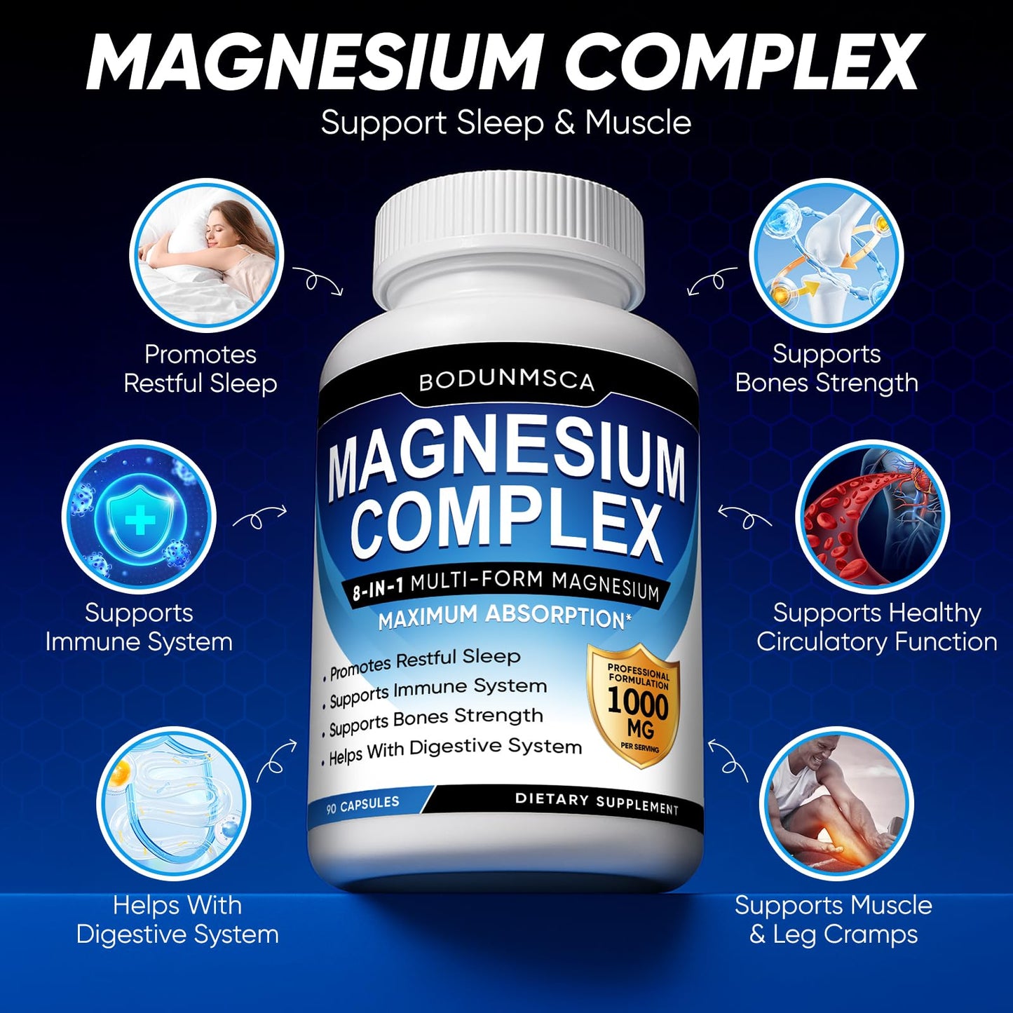 Magnesium Complex, 8 in 1, 1000mg-Glycinate, Citrate, Malate for Easy Absorption, Full Spectrum Magnesium Complex,Supports Relaxation, Sleep & Muscle Function, Magnesio Complex for Women, 180 Capsules - dailyvitalstore