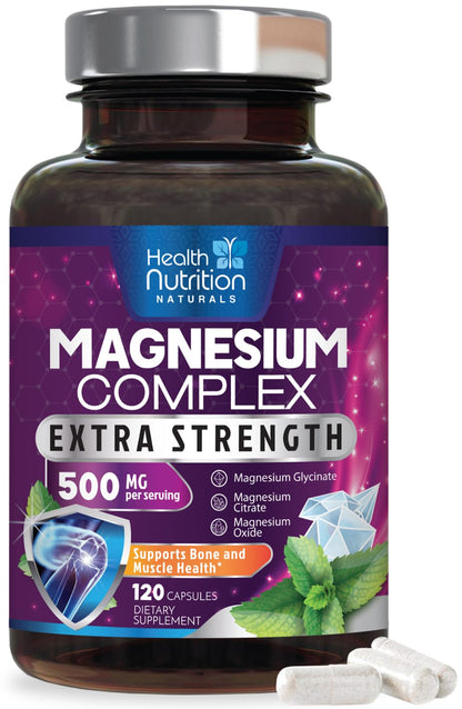 Magnesium Complex Capsules - 500mg per Serving Magnesium - High Absorption Chelated Mineral Supplement - with Oxide, Glycinate, Malate, Citrate for Muscle Bone and Heart Health Support - 120 Capsules - dailyvitalstore