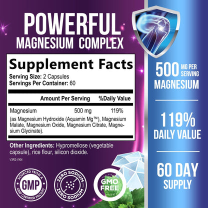 Magnesium Complex Capsules - 500mg per Serving Magnesium - High Absorption Chelated Mineral Supplement - with Oxide, Glycinate, Malate, Citrate for Muscle Bone and Heart Health Support - 120 Capsules - dailyvitalstore