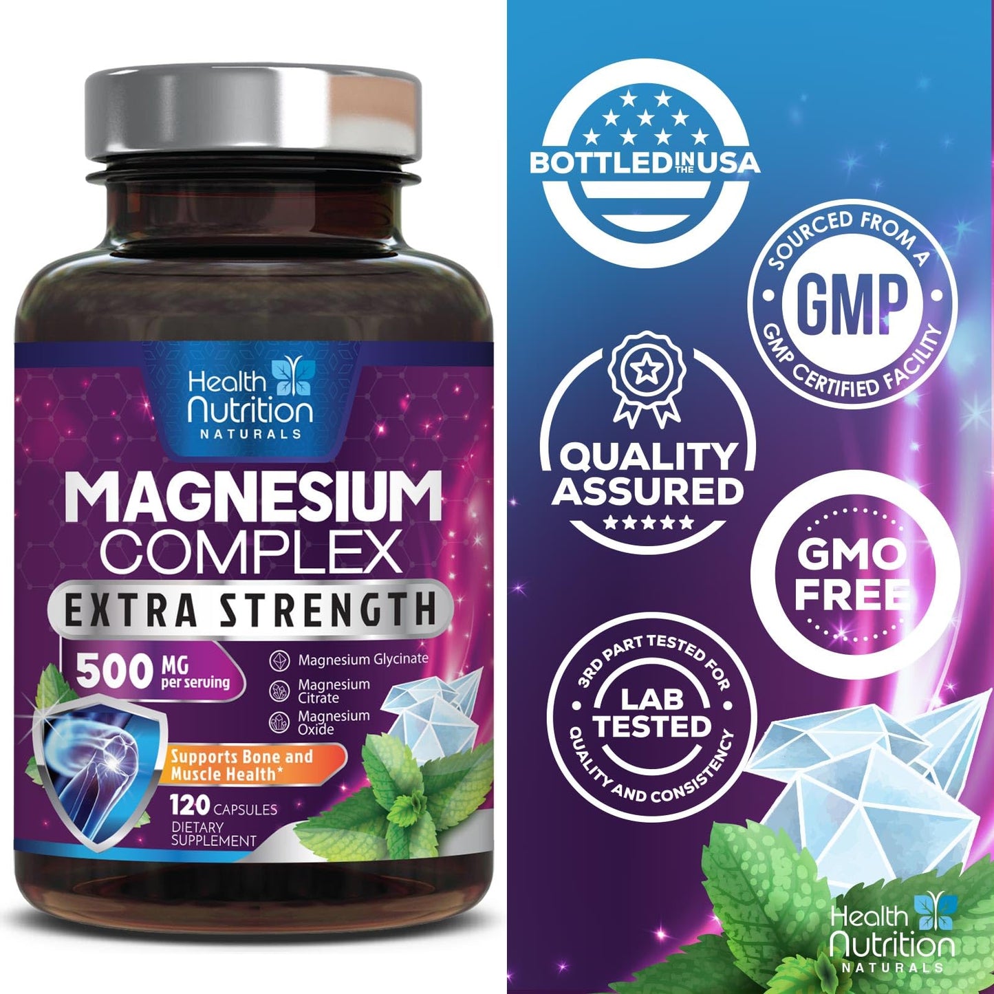 Magnesium Complex Capsules - 500mg per Serving Magnesium - High Absorption Chelated Mineral Supplement - with Oxide, Glycinate, Malate, Citrate for Muscle Bone and Heart Health Support - 120 Capsules - dailyvitalstore