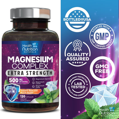 Magnesium Complex Capsules - 500mg per Serving Magnesium - High Absorption Chelated Mineral Supplement - with Oxide, Glycinate, Malate, Citrate for Muscle Bone and Heart Health Support - 120 Capsules - dailyvitalstore