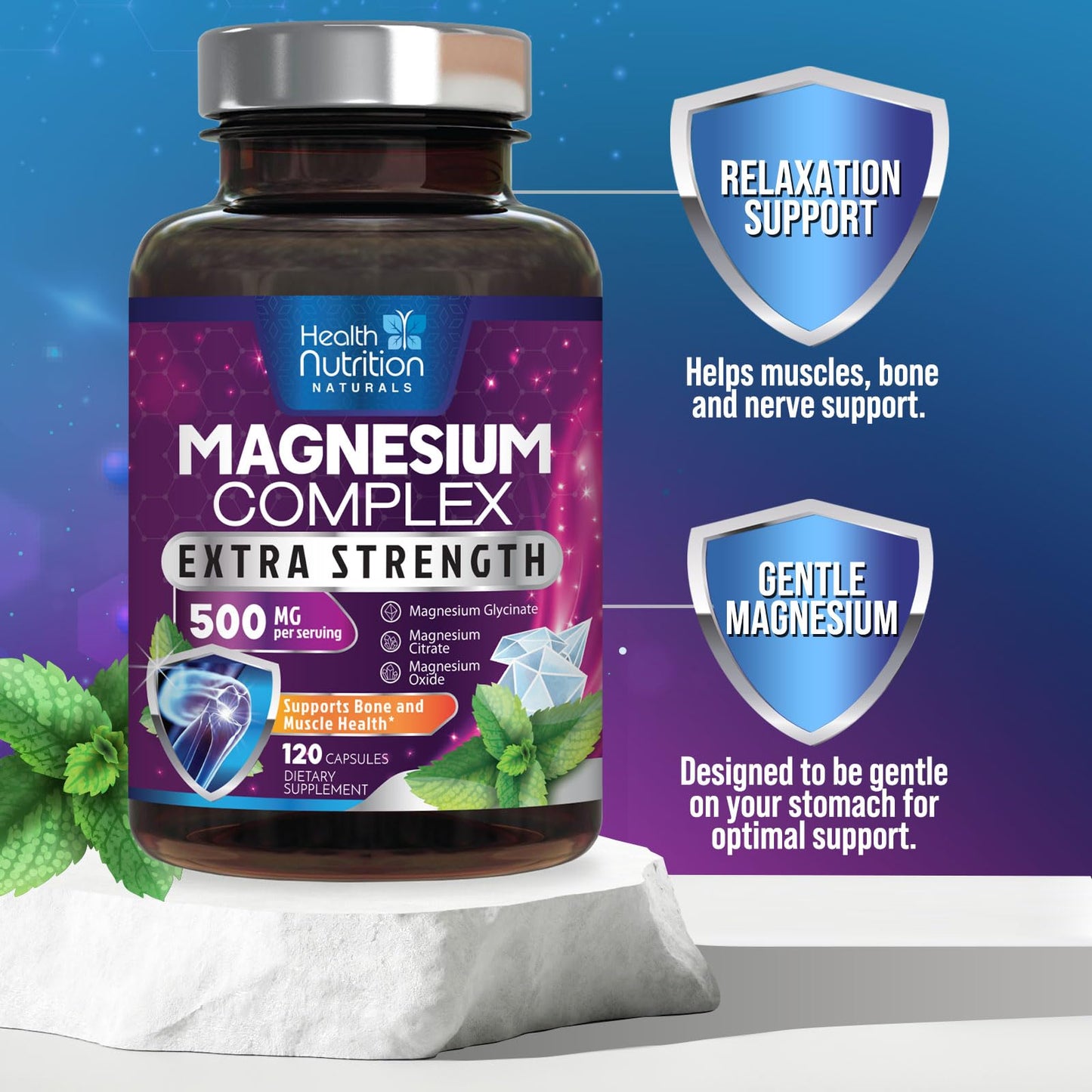 Magnesium Complex Capsules - 500mg per Serving Magnesium - High Absorption Chelated Mineral Supplement - with Oxide, Glycinate, Malate, Citrate for Muscle Bone and Heart Health Support - 120 Capsules - dailyvitalstore