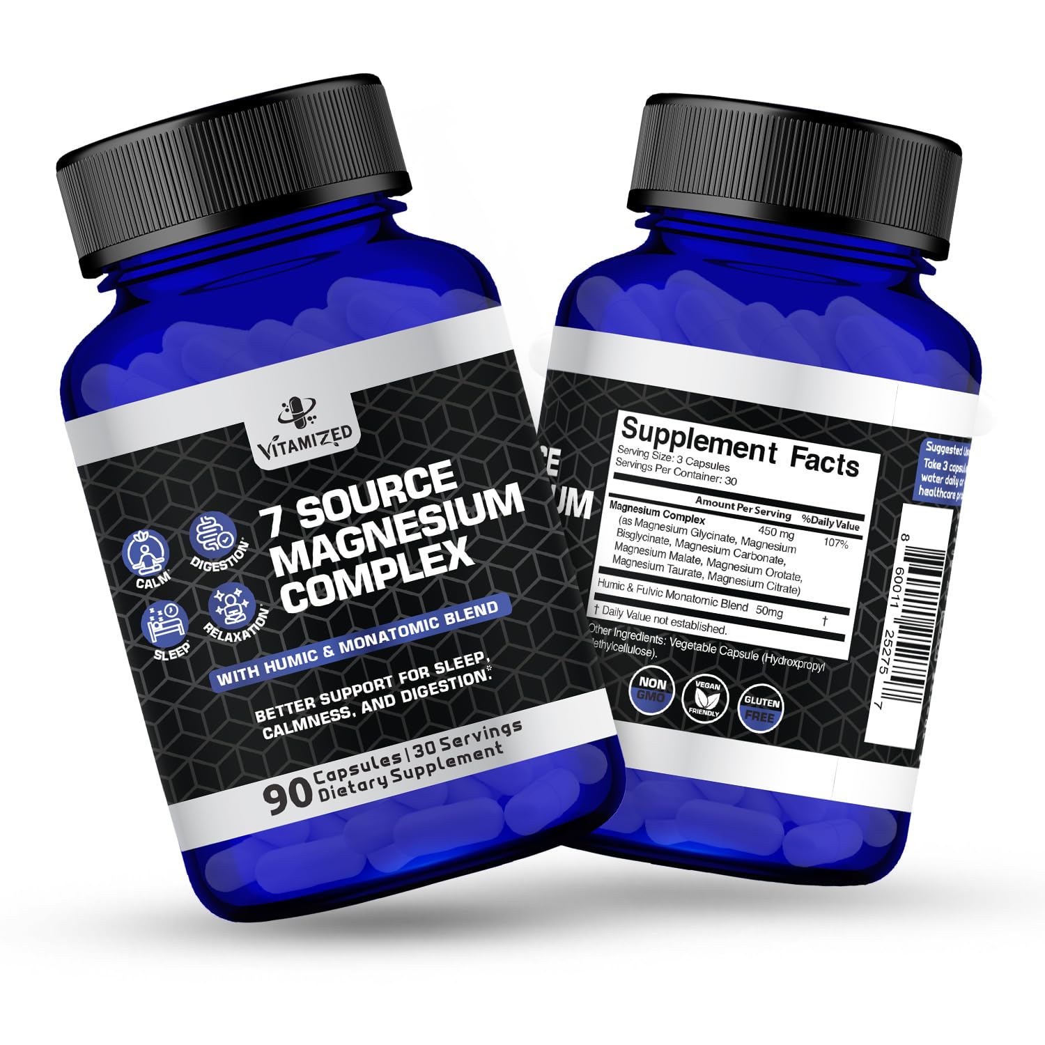Magnesium Complex for Sleep, Relaxation, Digestion & Calm – Magnesium Glycinate, Citrate, Bisglycinate, Carbonate, Malate, Orotate, Taurate, + Humic/Fulvic for High Absorption - 90 ct. - dailyvitalstore