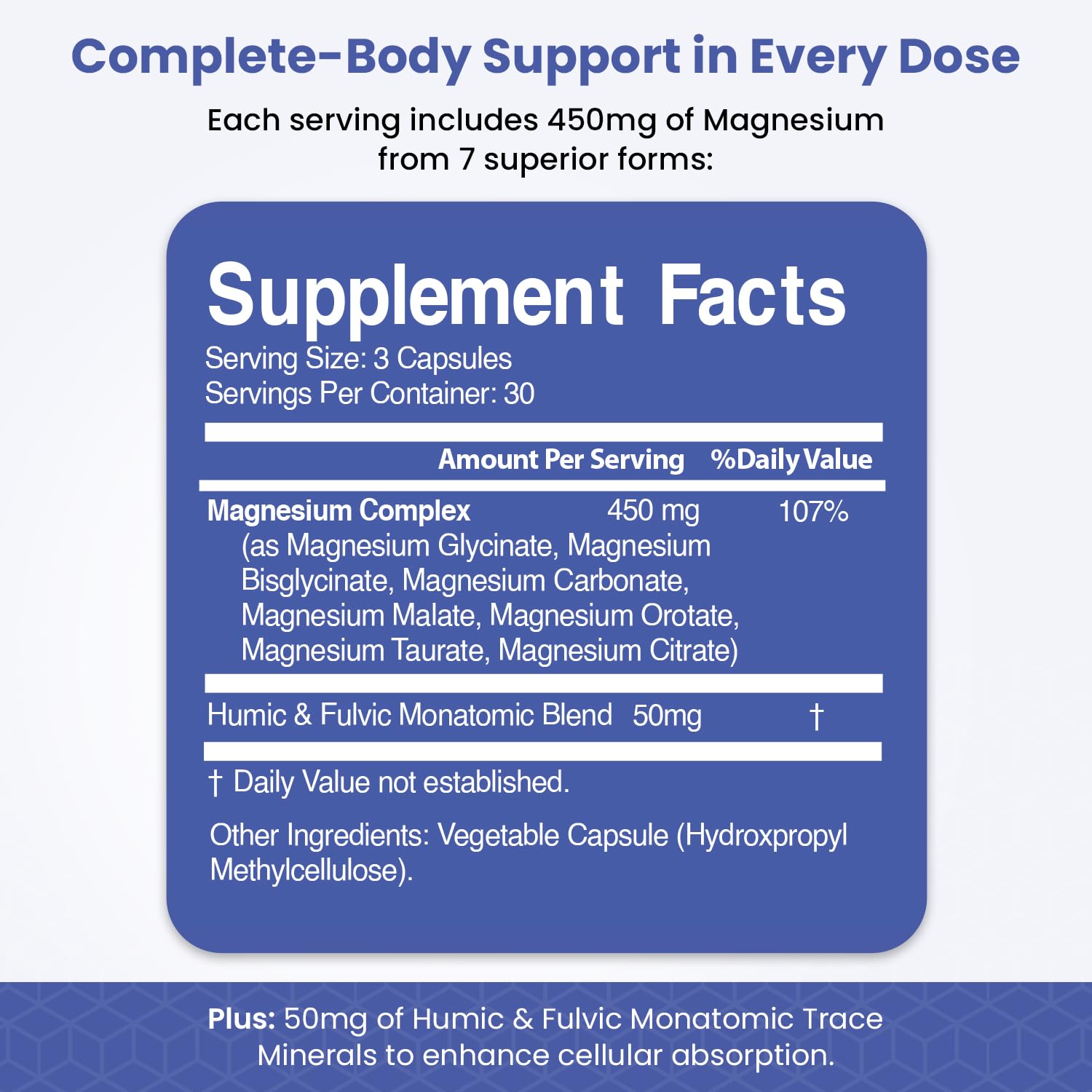 Magnesium Complex for Sleep, Relaxation, Digestion & Calm – Magnesium Glycinate, Citrate, Bisglycinate, Carbonate, Malate, Orotate, Taurate, + Humic/Fulvic for High Absorption - 90 ct. - dailyvitalstore