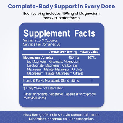 Magnesium Complex for Sleep, Relaxation, Digestion & Calm – Magnesium Glycinate, Citrate, Bisglycinate, Carbonate, Malate, Orotate, Taurate, + Humic/Fulvic for High Absorption - 90 ct. - dailyvitalstore