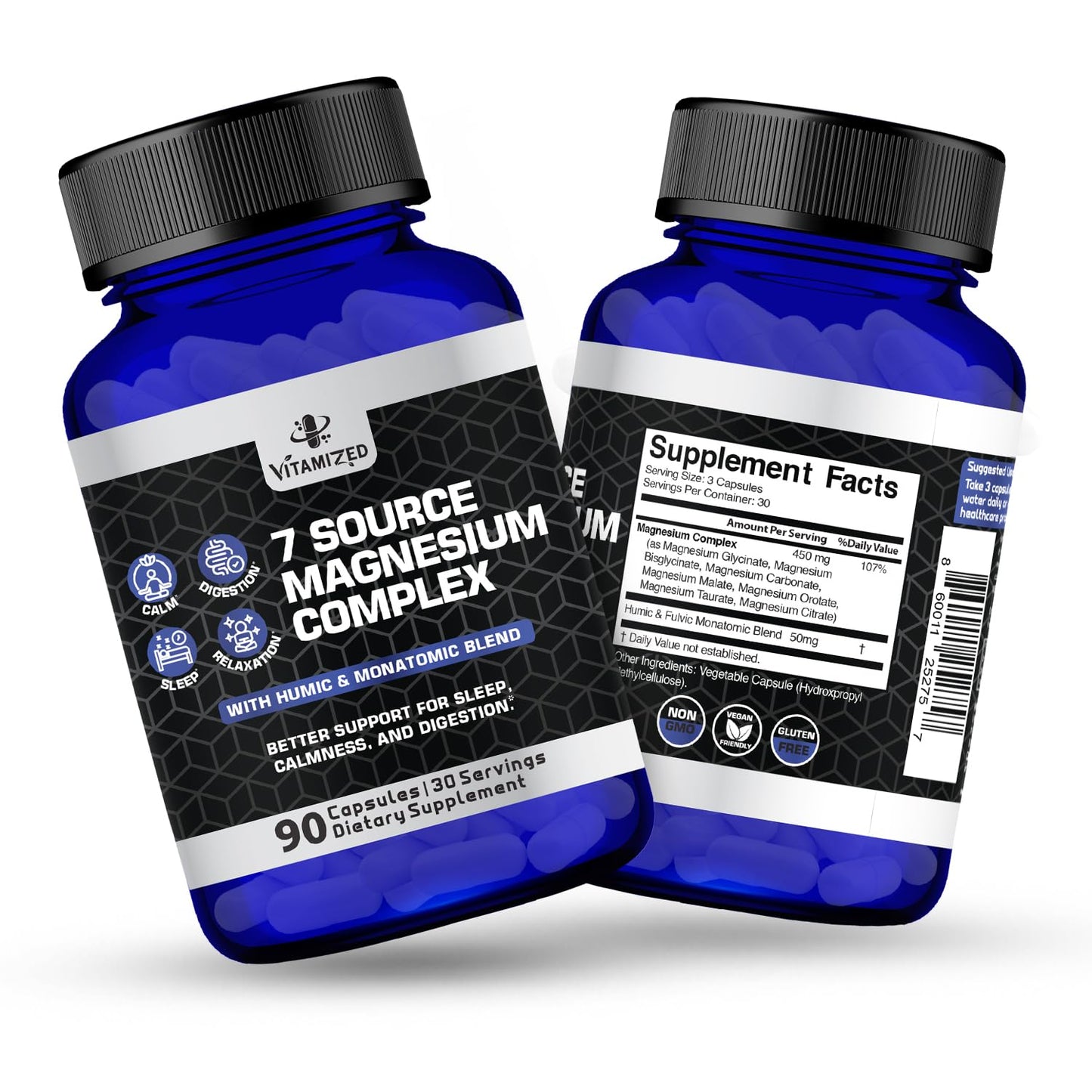 Magnesium Complex for Sleep, Relaxation, Digestion & Calm – Magnesium Glycinate, Citrate, Bisglycinate, Carbonate, Malate, Orotate, Taurate, + Humic/Fulvic for High Absorption - 90 ct. - dailyvitalstore