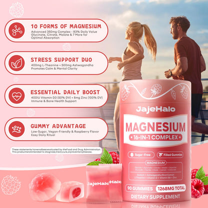 Magnesium Complex for Women Calm Magnesium Glycinate Gummies 400mg Individually Wrapped 16 in 1 90 Sugar-Free L-Threonate,Ashwagandha Root Extract,Vitamin B6,D3,Magnesium Supplement - dailyvitalstore