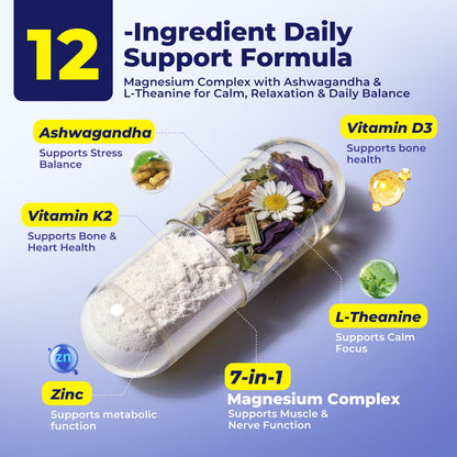 Magnesium Complex for Women & Men 1100mg, 7-in-1 Magnesium Supplement with Ashwagandha & L-Theanine for Calm & Sleep Support, High Absorption, Vegan 120 Capsules - dailyvitalstore